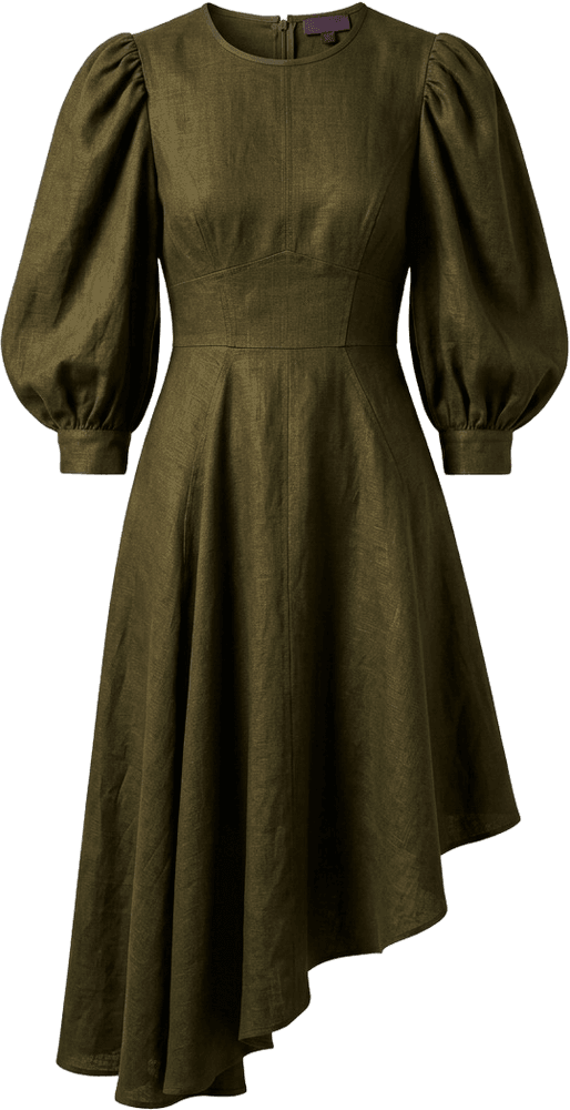 Verdant Whispers — an olive linen dress with bishop sleeves
