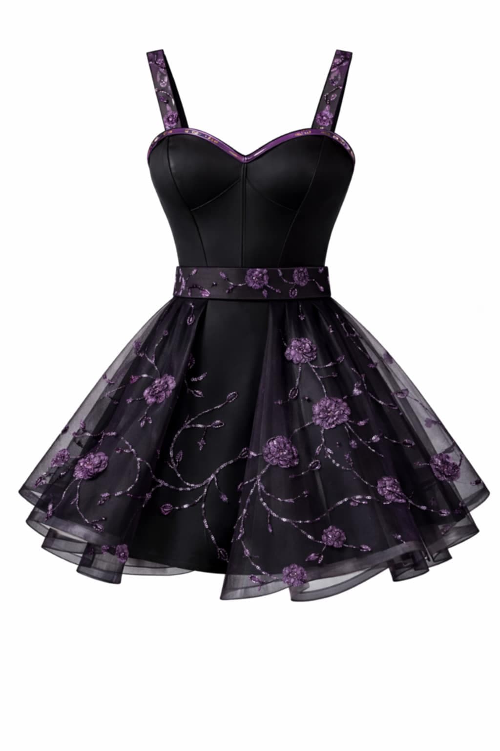 Design render of the same black dress with a sheer overlay embroidered in purple flowers