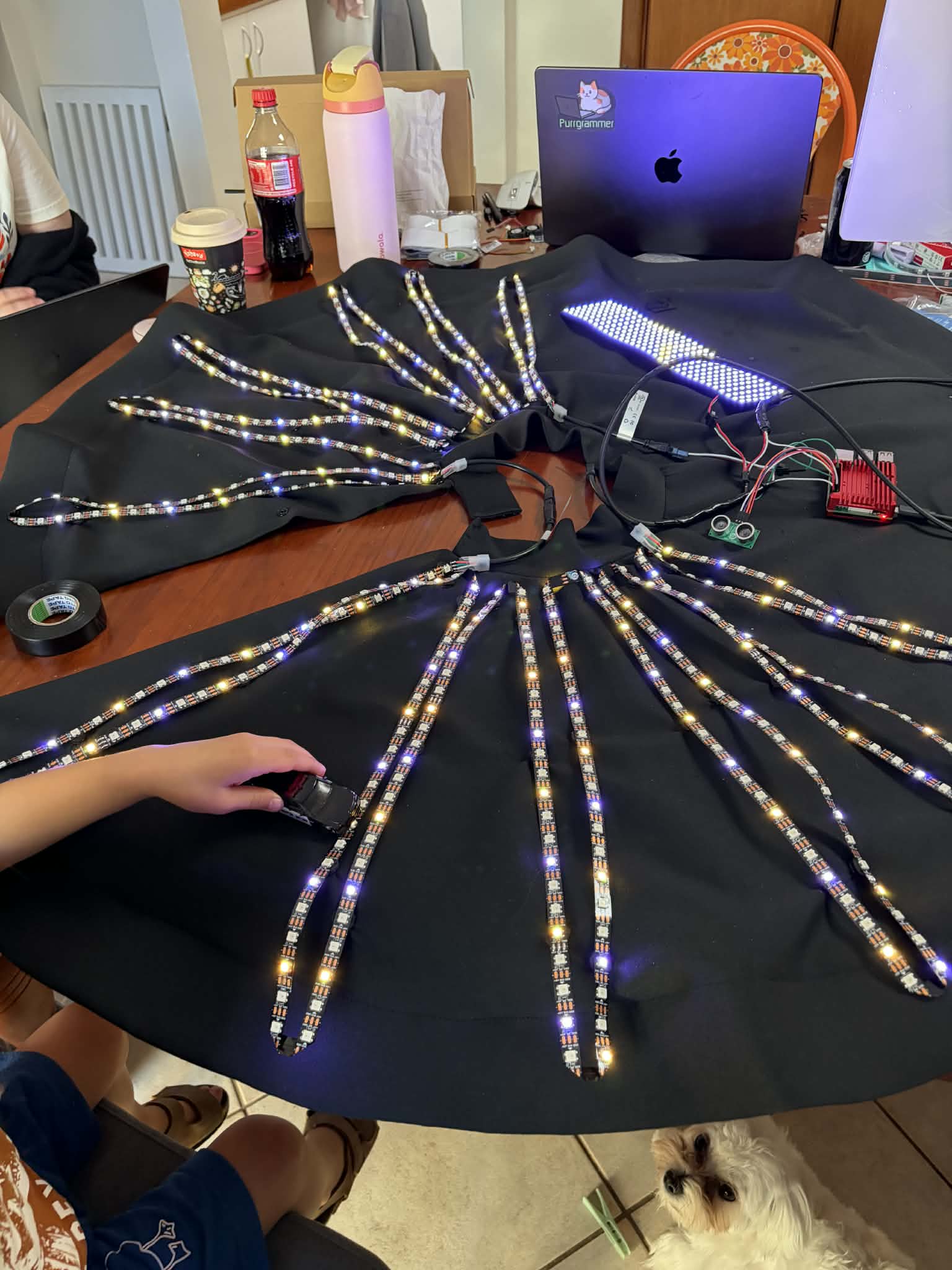 The skirt laid flat on a table with LED strips fanned out and lit, a laptop, a controller board and a small sensor beside it