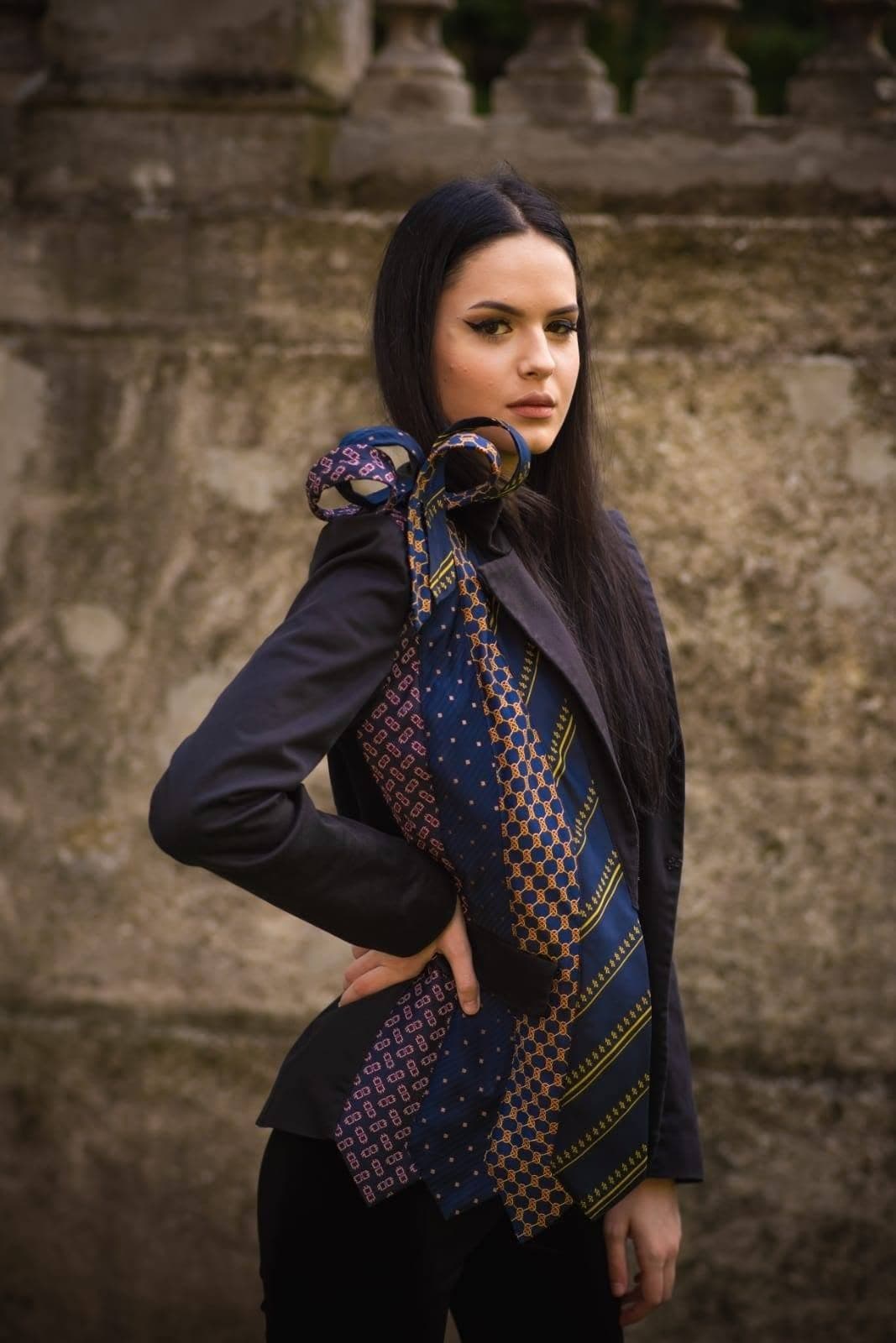 Tailoring skill on display — a collar built from patterned silk ties
