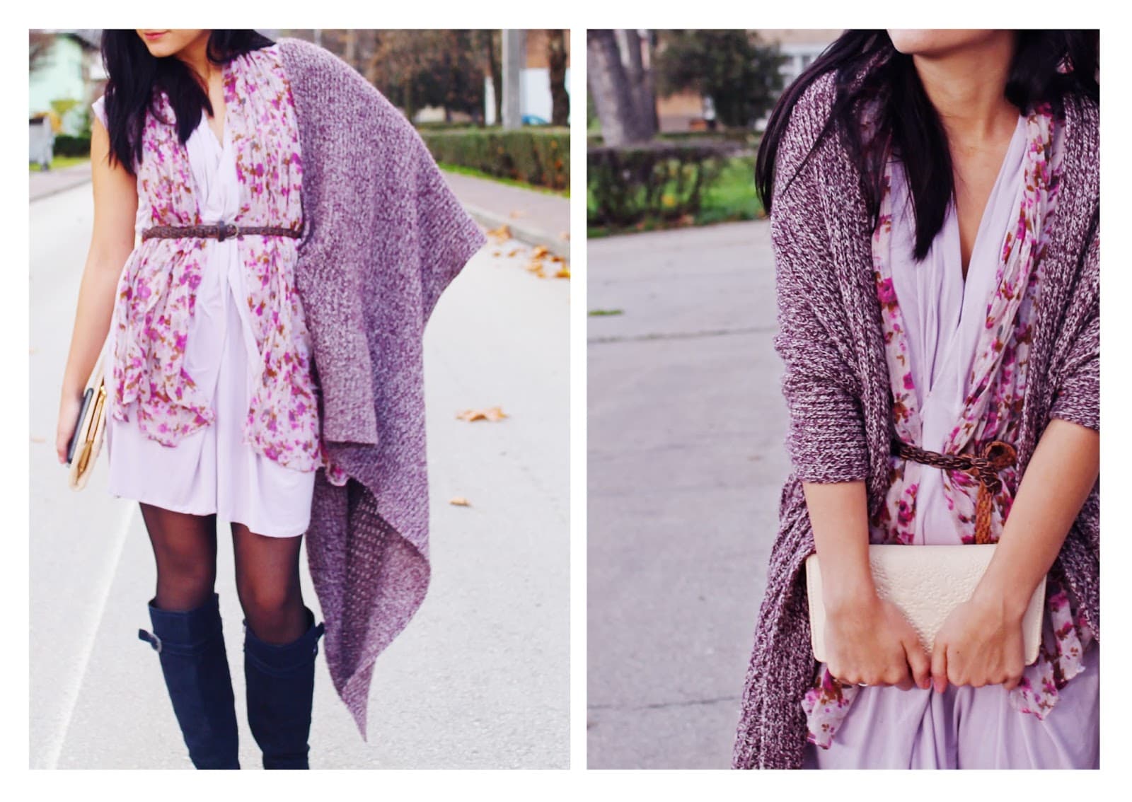 A custom made lilac dress styled with a floral scarf