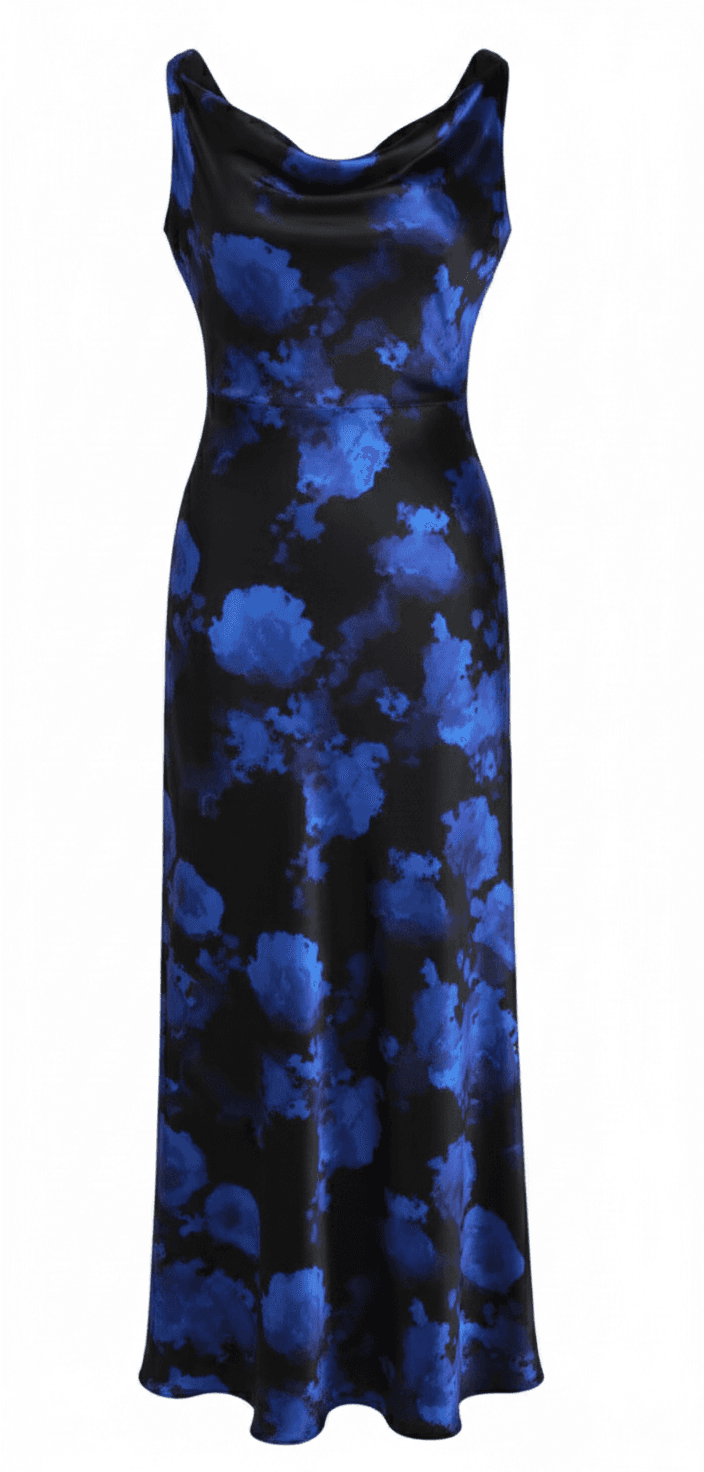 A blue floral silk satin custom slip dress