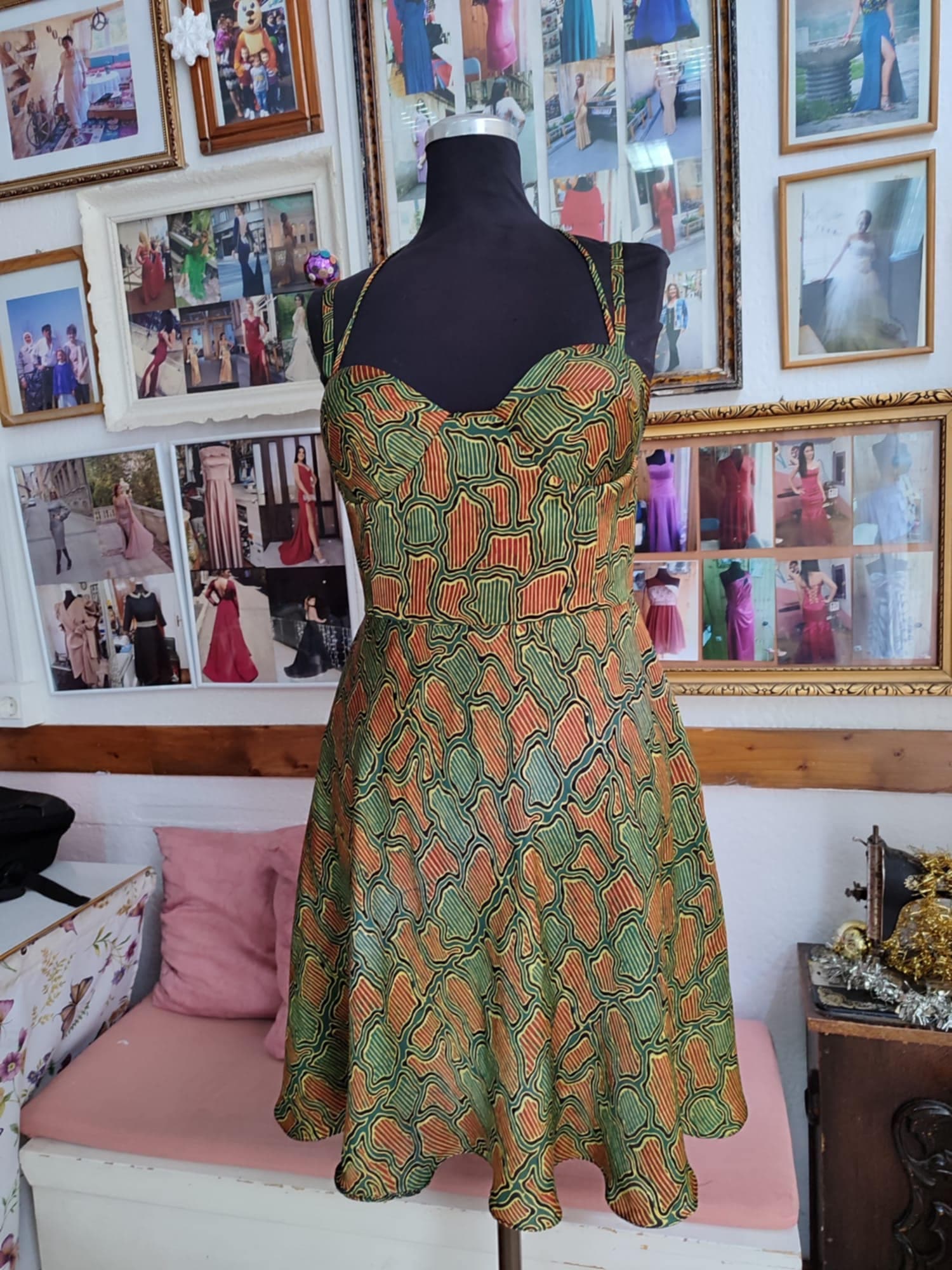 A custom printed sundress on a tailor’s stand