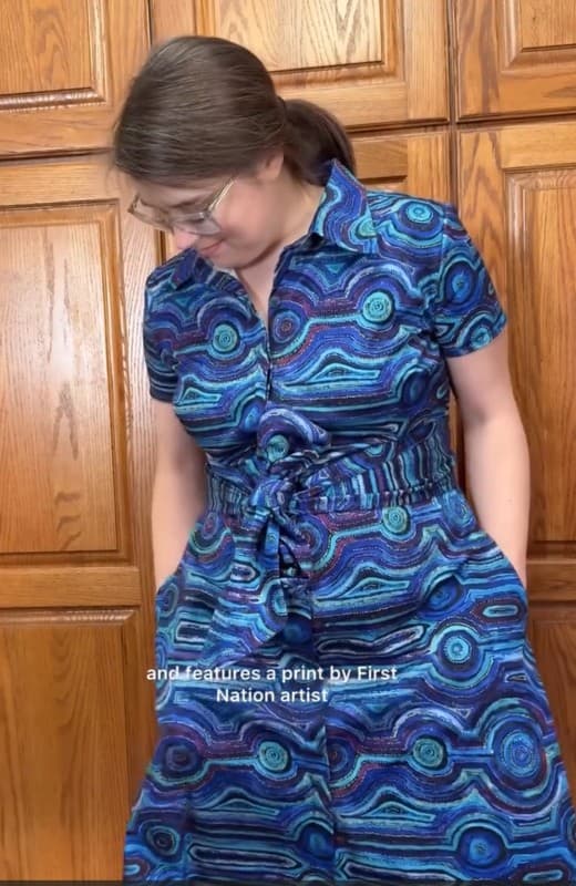 A custom modest long-sleeve shirt dress in a blue print