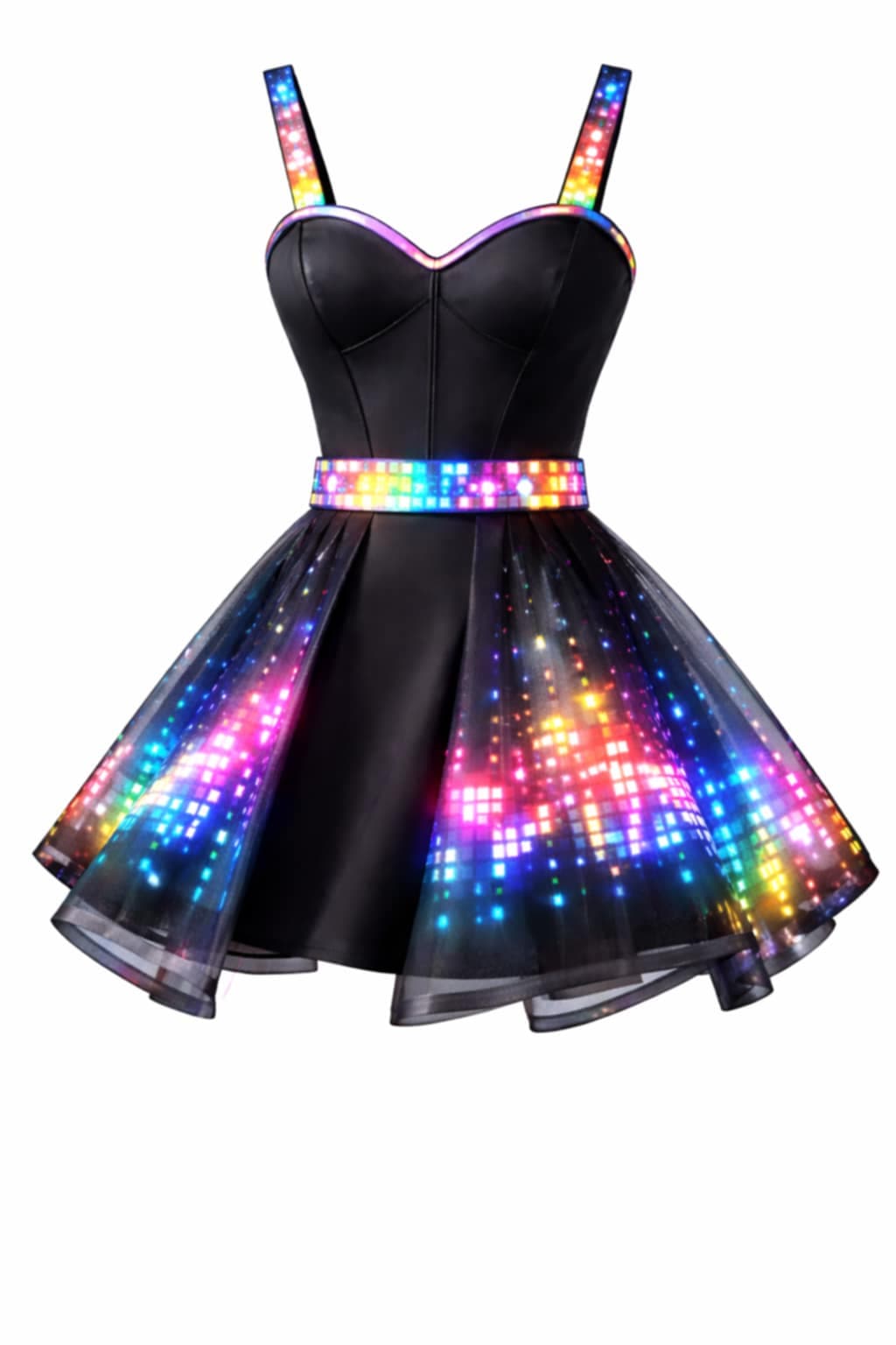 The design render: a black sweetheart dress with a glowing skirt