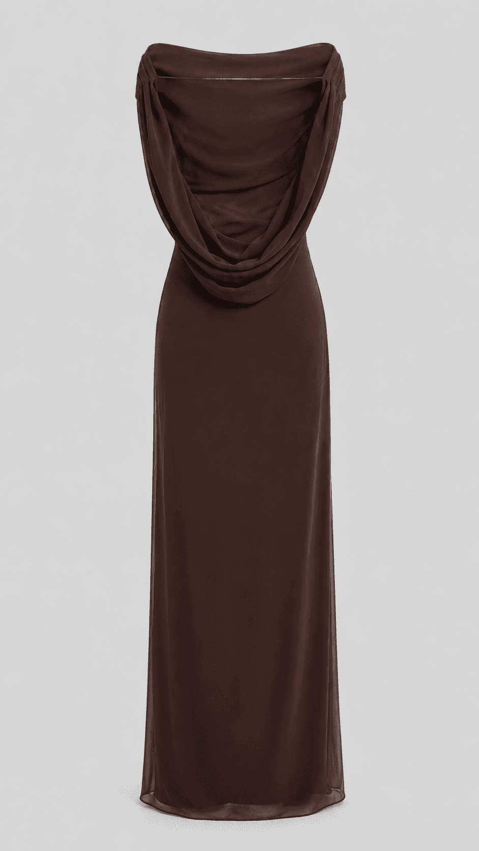 AI image of the same gown from the back, a cowl of chiffon pooling low