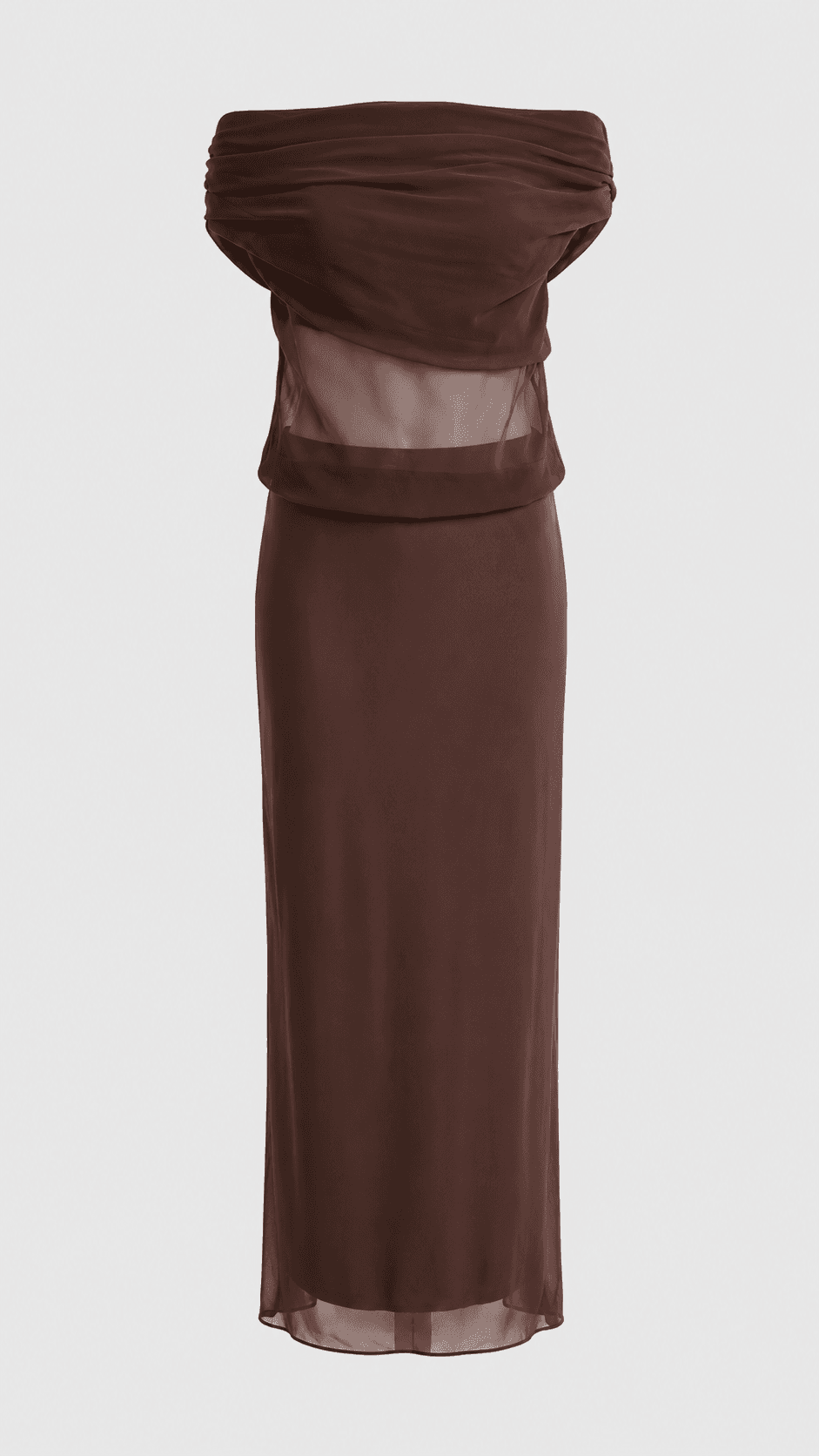AI image of a chocolate-brown off-shoulder column gown with a draped band over a sheer chiffon midriff, front view