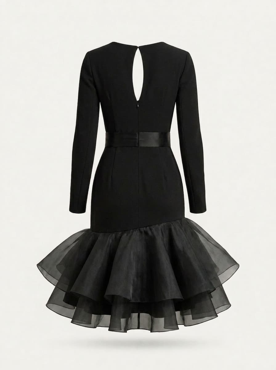 Back view of the black dress with a keyhole opening at the nape