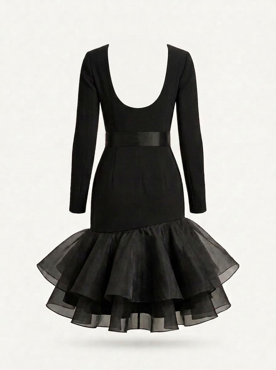 Back view of the black dress with a deep scoop back