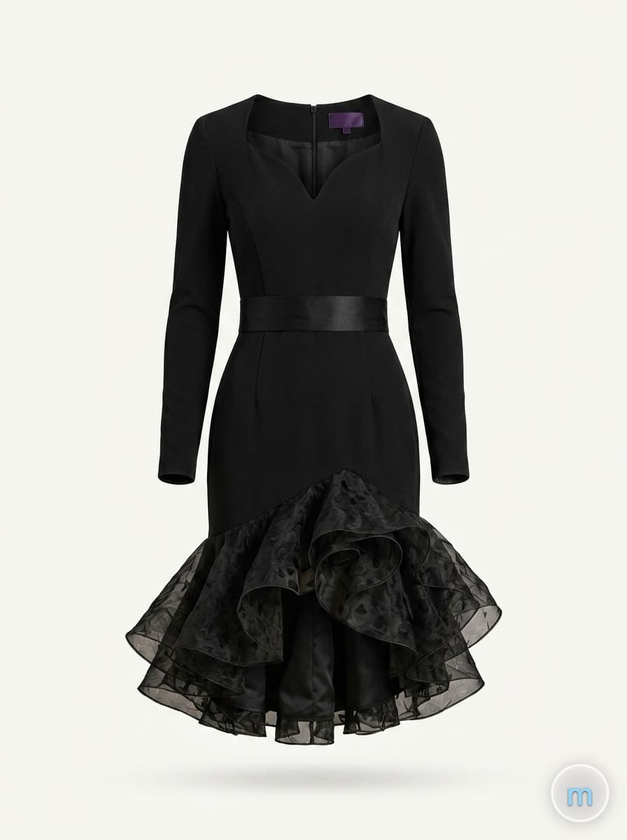 AI render of a black long-sleeved dress with a sweetheart neckline, satin sash and a tiered organza flounce at the hem
