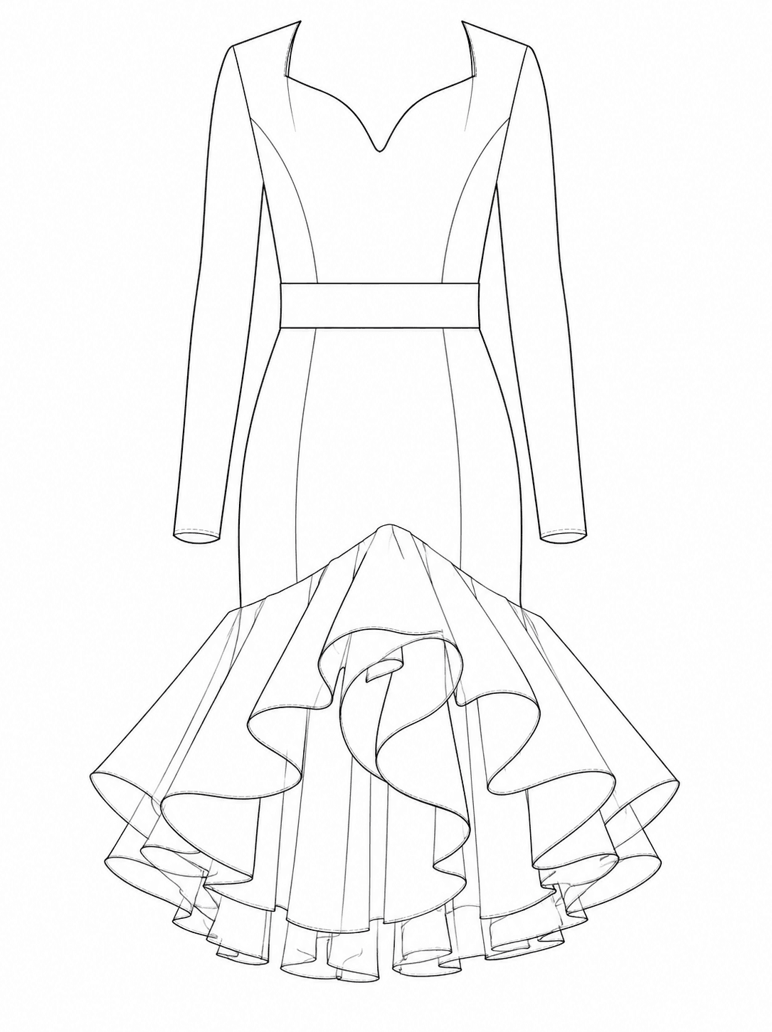 Line sketch of the same dress with every seam and each tier of the flounce drawn