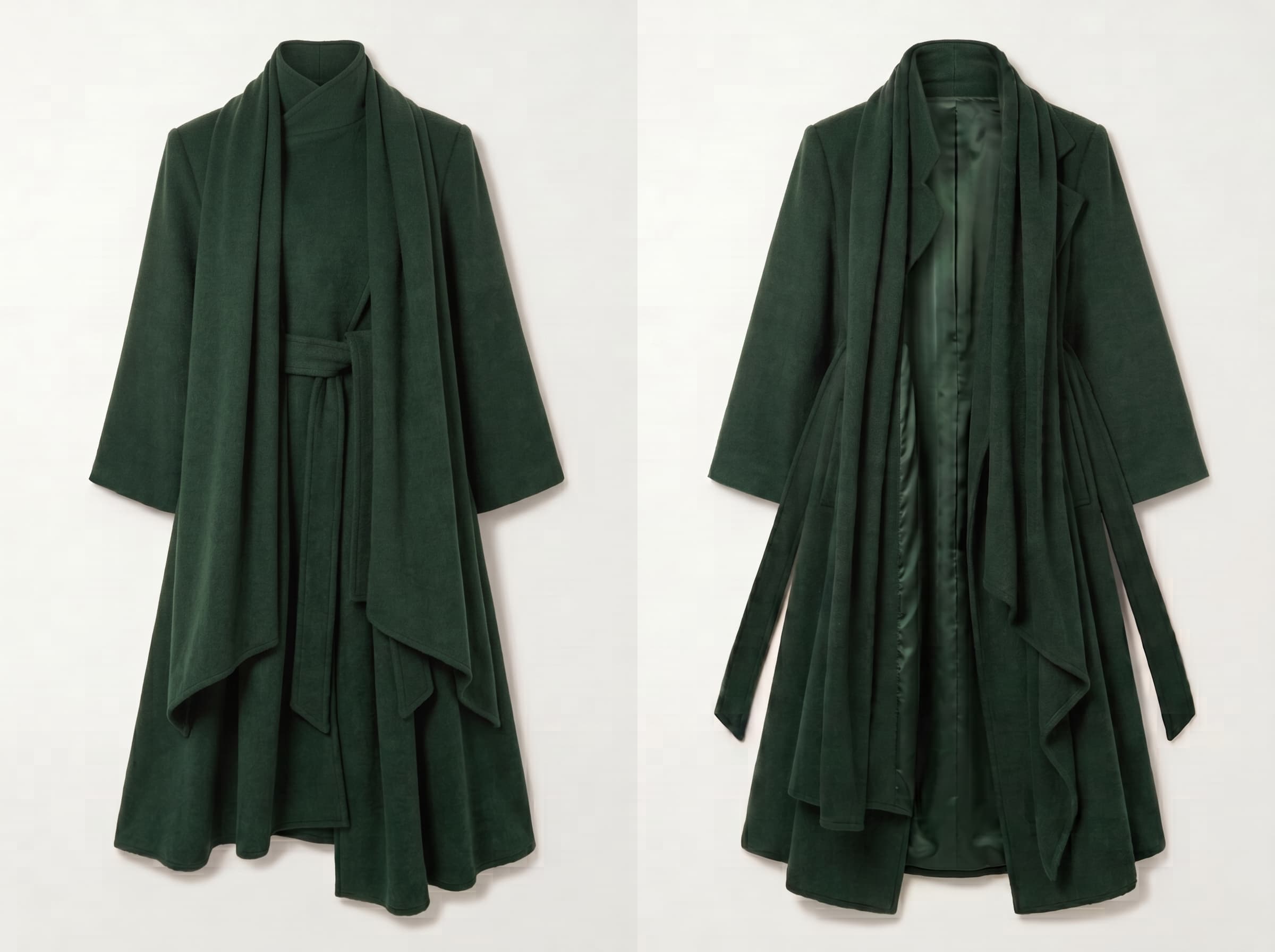 Studio render of a deep green belted long coat with a draped scarf, shown closed and worn open to reveal the matching satin lining