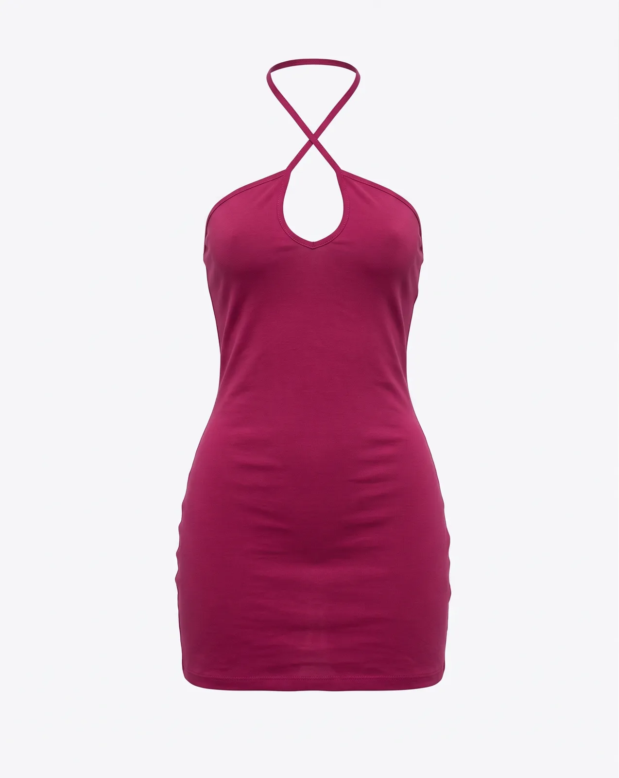 GTA 6 Lucia pink dress, made to measure: the hot-pink halter mini with crossed straps and a keyhole neckline, in matte stretch crepe