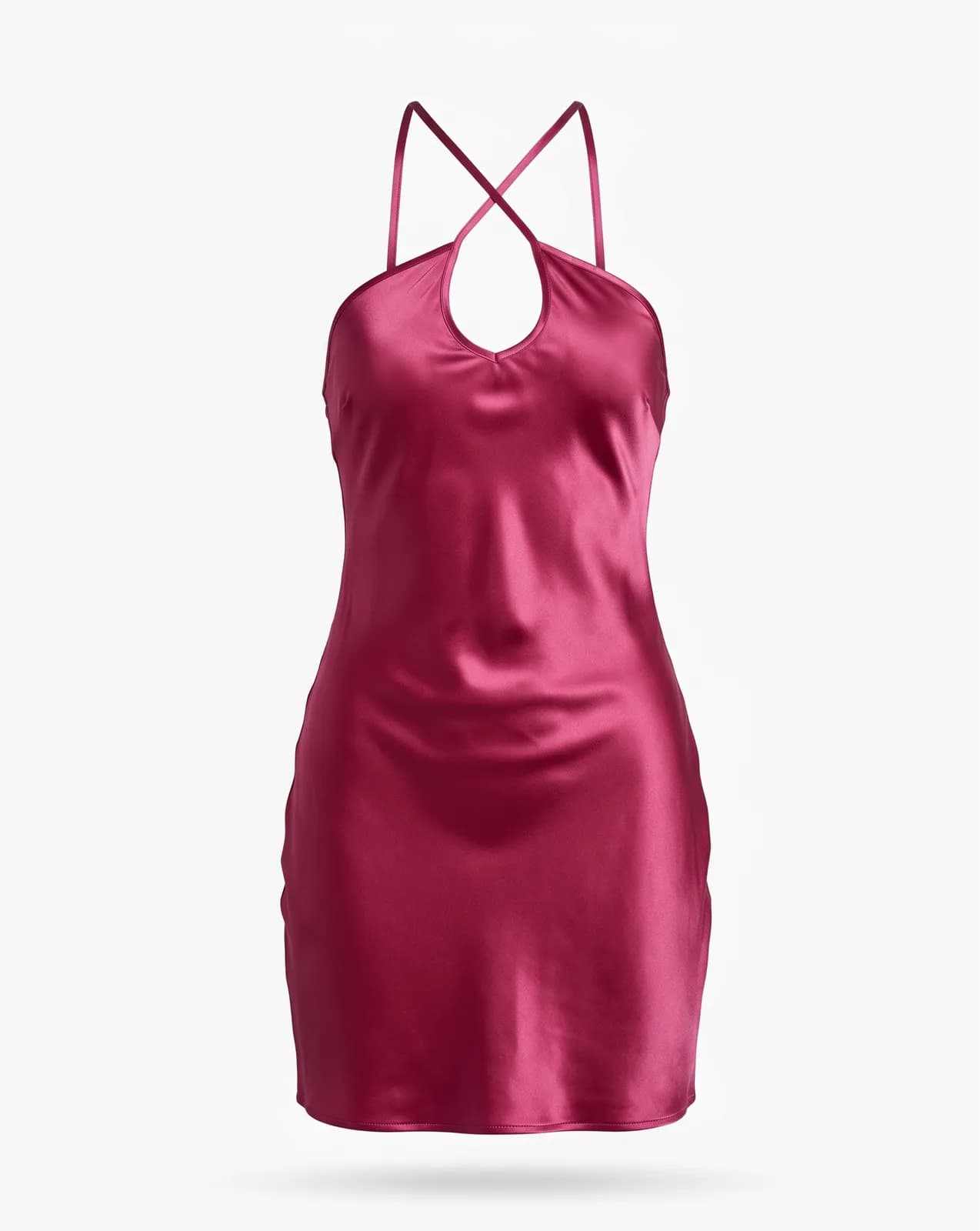 GTA 6 Lucia pink dress, made to measure: the same hot-pink halter mini in silk satin, with the shine the game renders