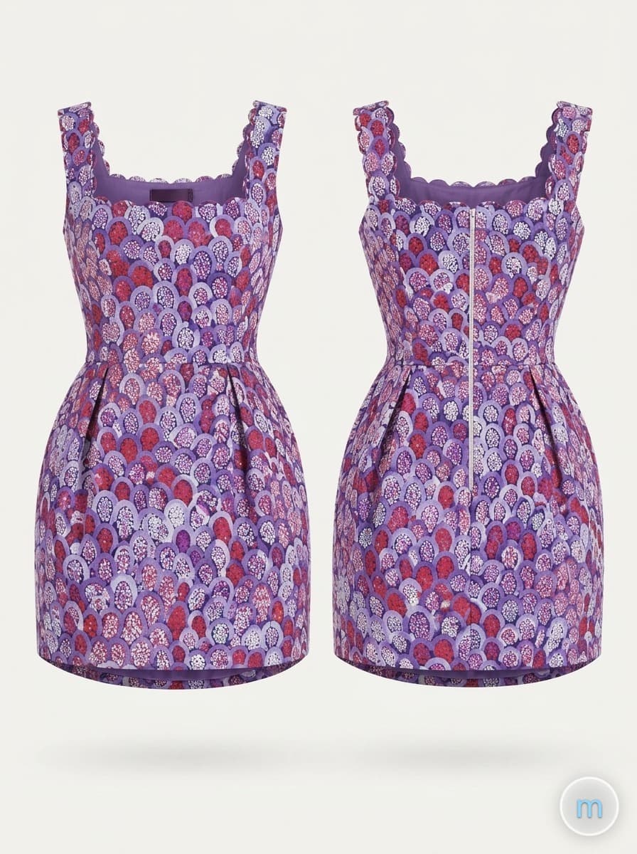 AI image of a sleeveless square-neck dress with scalloped straps in a purple and red Warlpiri print, front and back