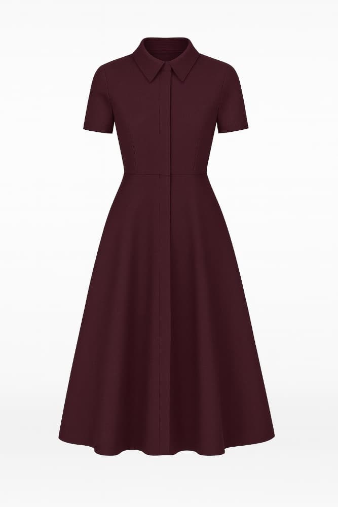 A product listing photo of a maroon short-sleeve fit-and-flare shirt dress
