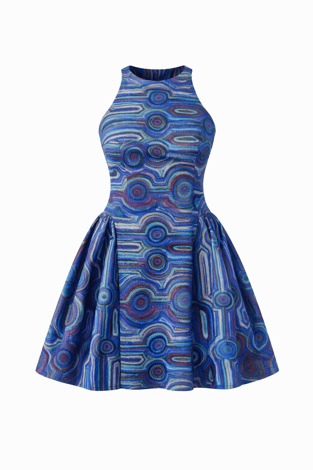AI visualisation of the same dress in a blue Yankirri Jukurrpa print