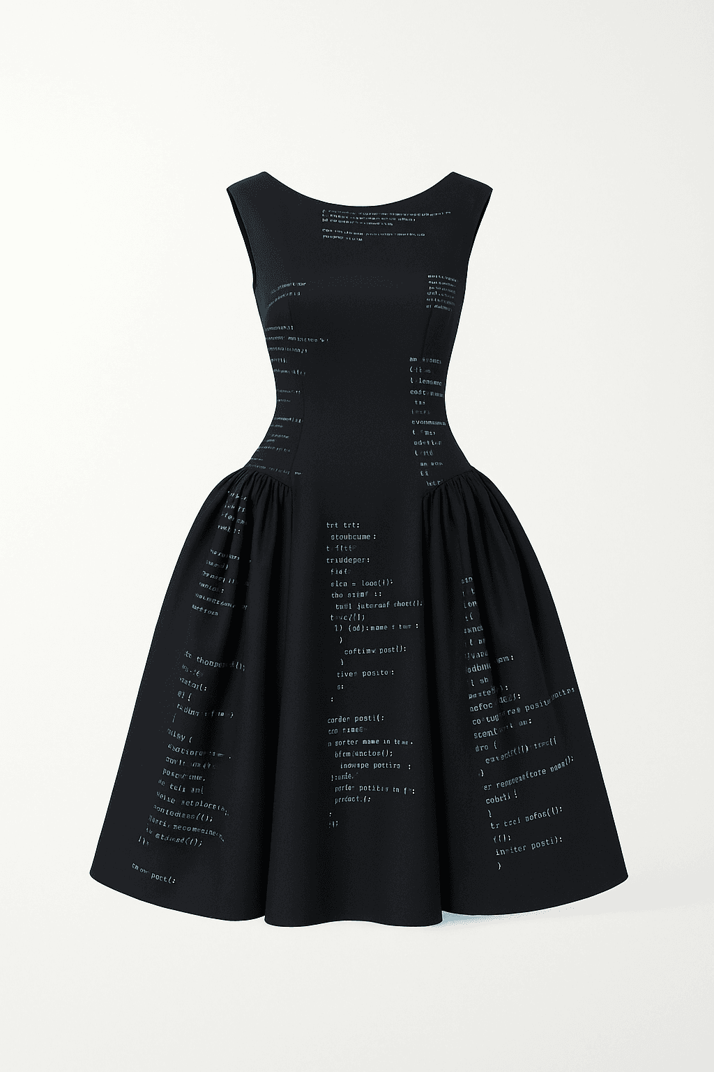 An AI visualisation of a custom code-print dress, before it was made