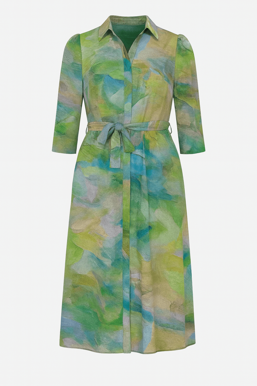 AI visualisation of the shirt dress in a green and gold painterly silk