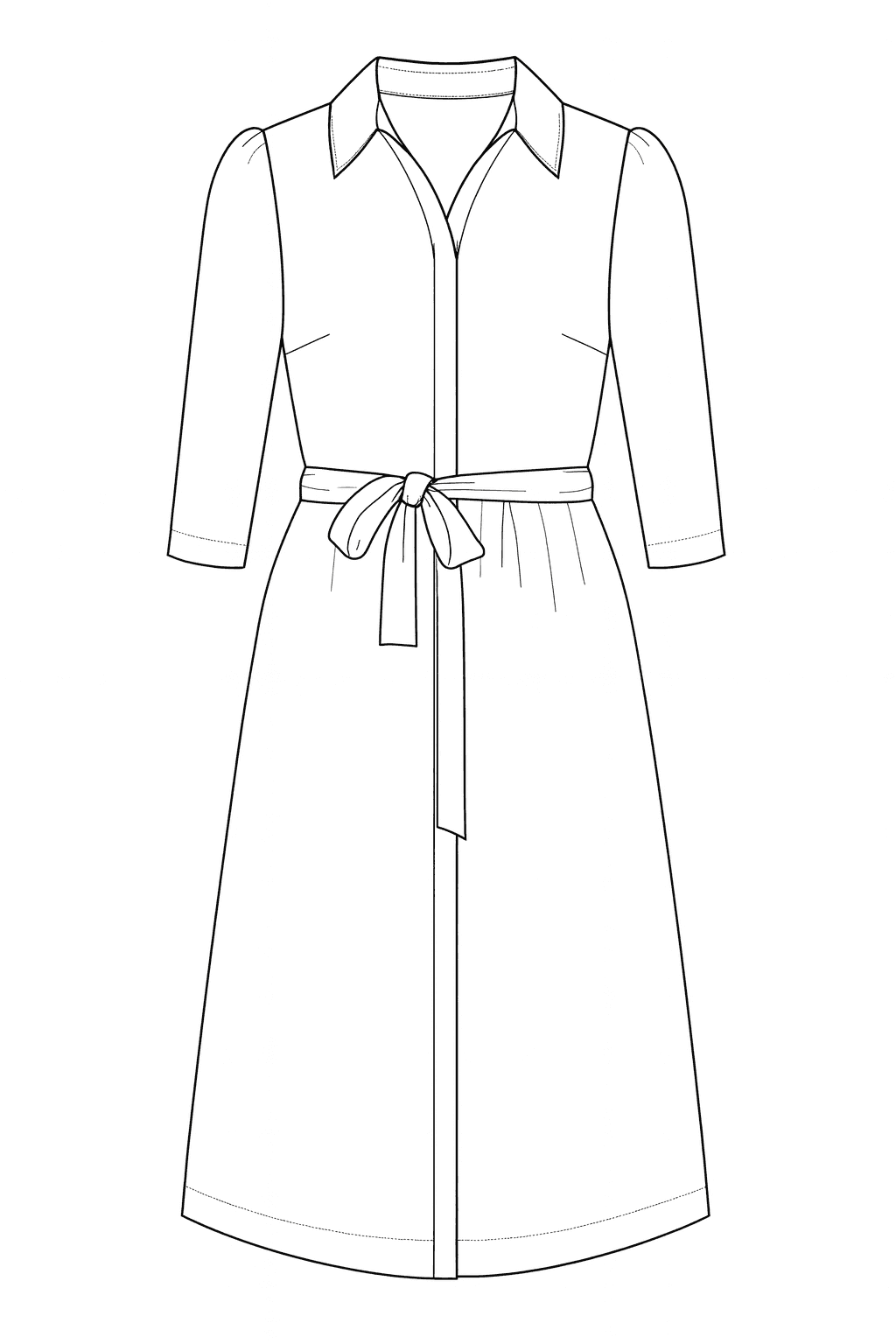 Line sketch of a shirt dress with three-quarter sleeves and a tie belt