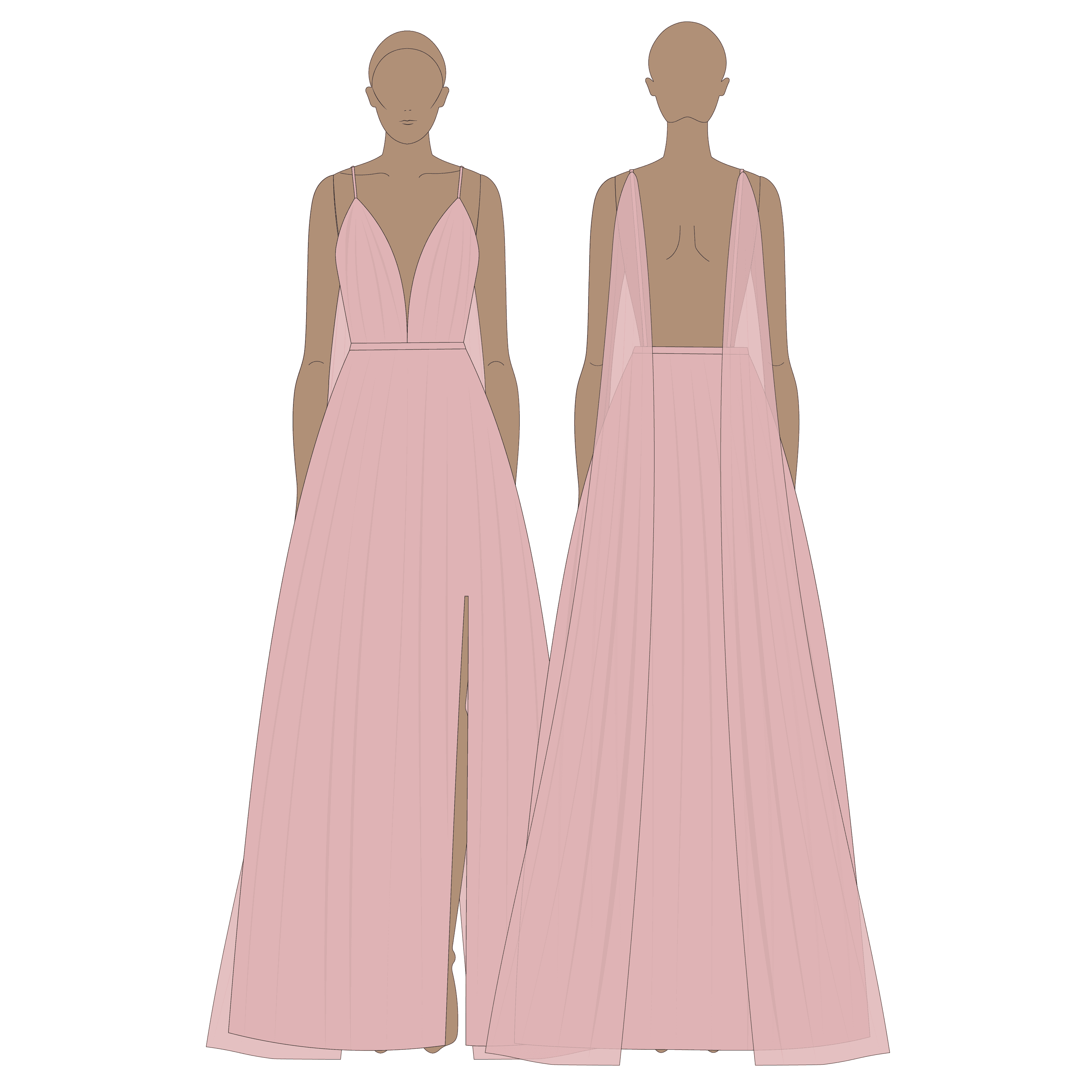 A fashion sketch of a pink evening gown, front and back — where a collection idea starts