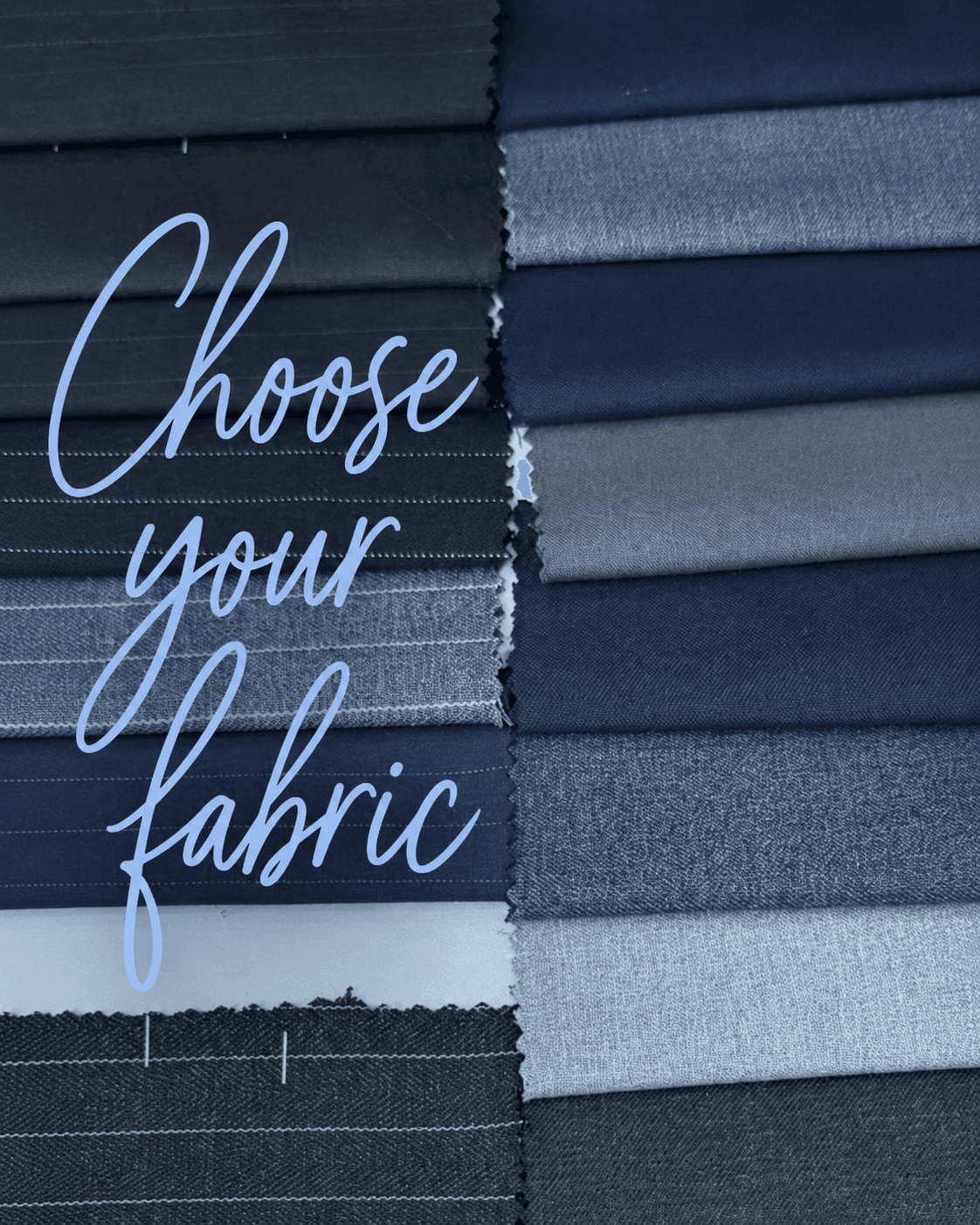 A stack of suiting fabric swatches in blues and greys — choose your fabric for your custom made pants