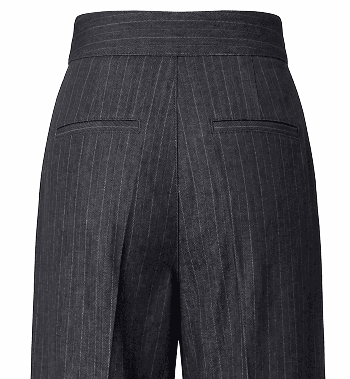 Back detail of custom made pinstripe pants — high waistband, welt pockets, and centre seam, made to measure by MadeApt