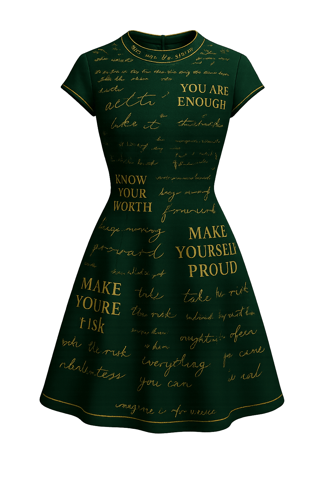 A deep green dress with gold hand-lettered affirmations — a storytelling statement piece